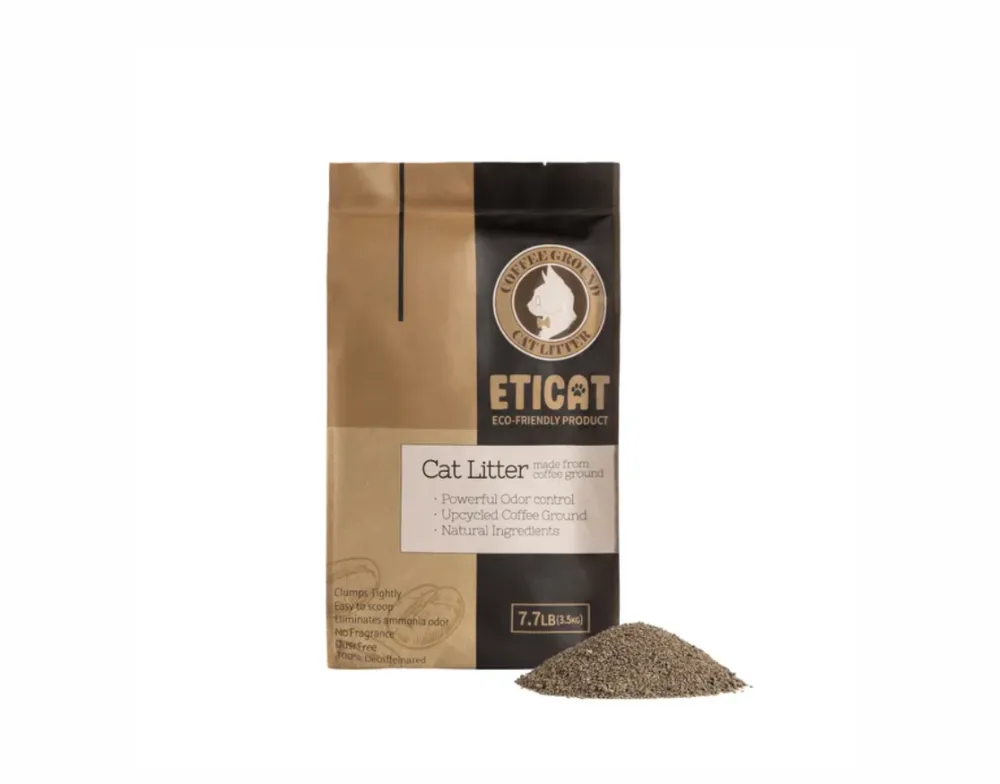 ETICAT+ cat litter package with a pile of coffee-ground granules